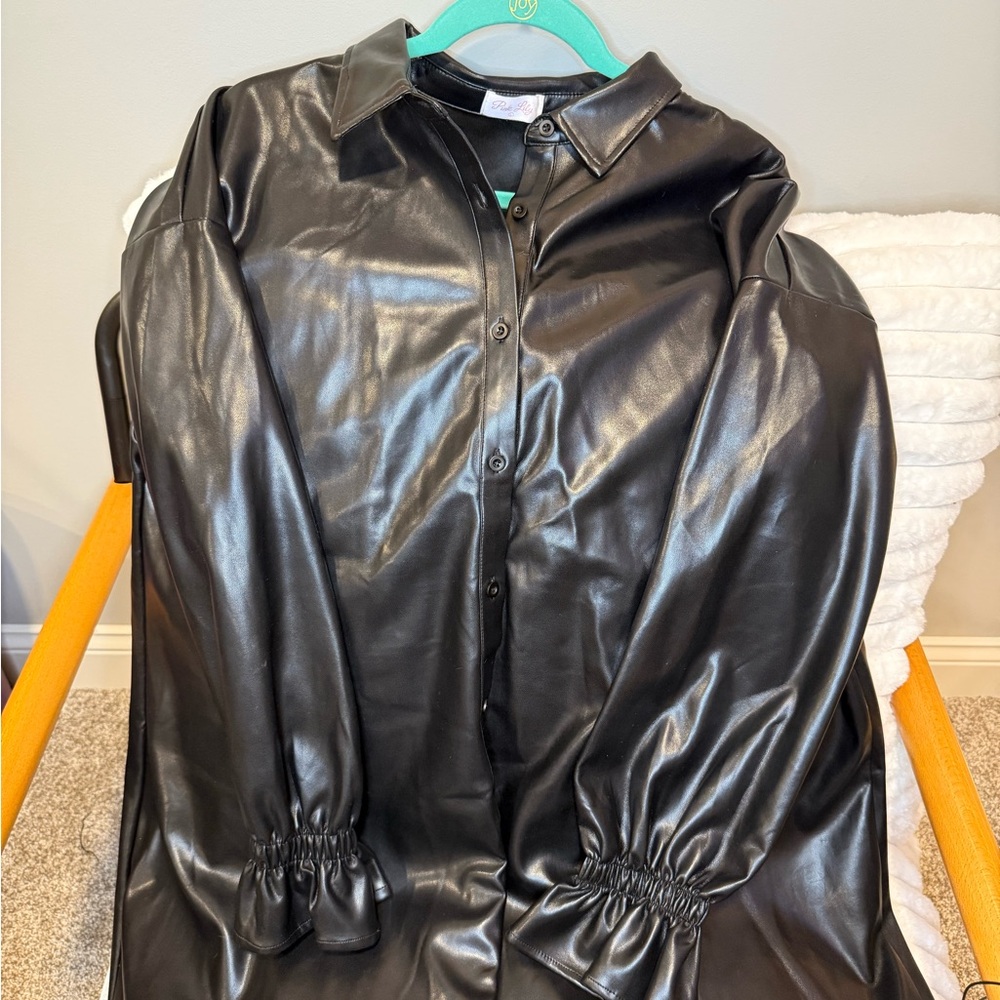 Black Faux Leather Button-Up Dress
